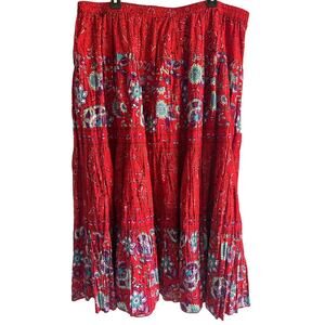 Phool Women’s Size 2XL Vintage 100%‎ Cotton Red Indian Floral Print Maxi Skirt
